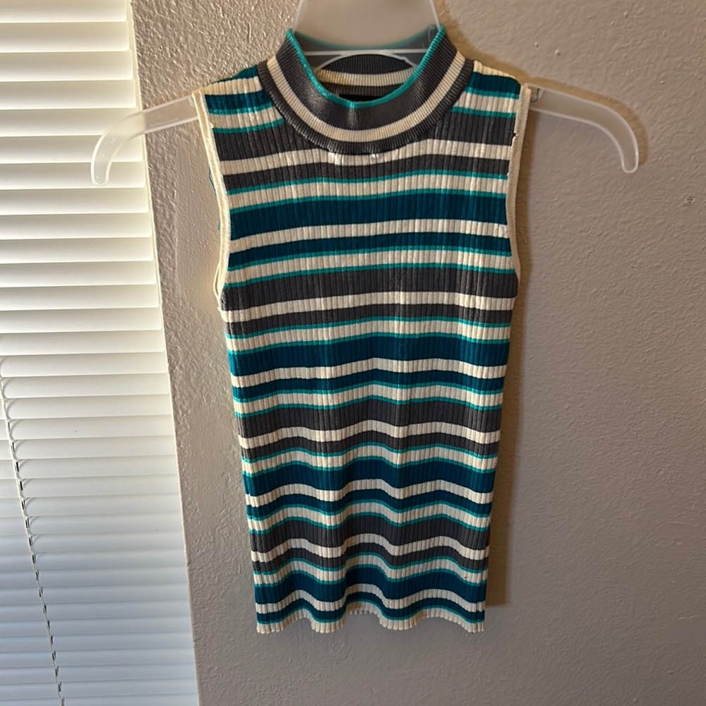 Blue and grey and cream sweater with no sleeves never been worn it’s a small